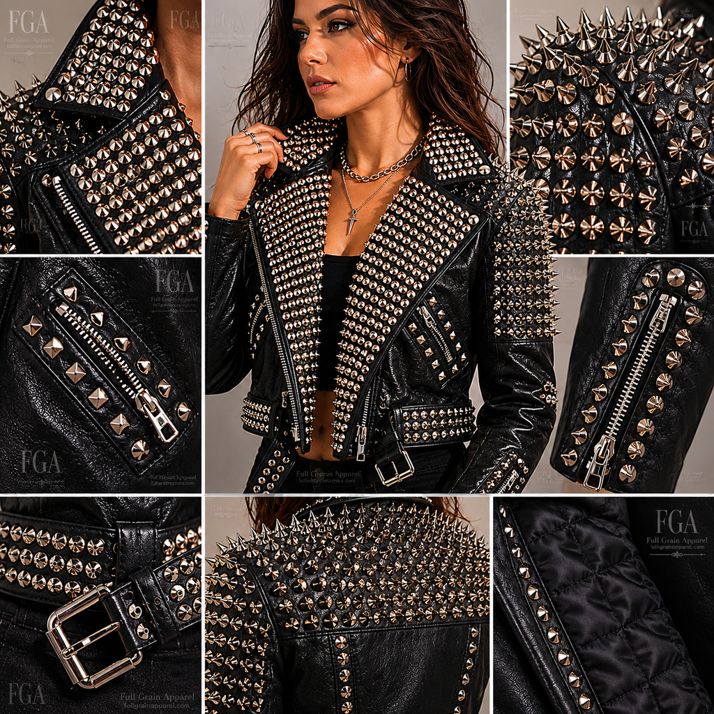 Women's Black Studded Biker Leather Jacket | Punk Moto | Full Grain Apparel