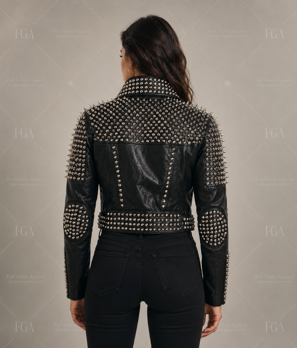 Women's Black Studded Biker Leather Jacket | Punk Moto | Full Grain Apparel