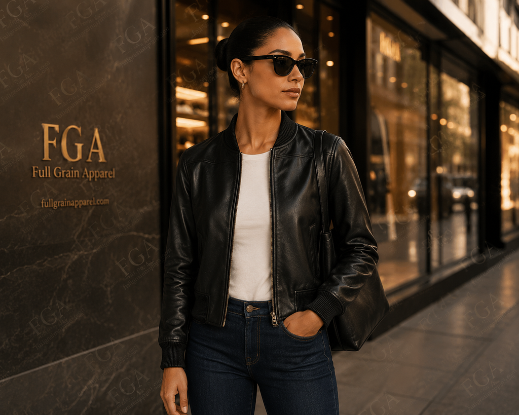 Women's Black Leather Bomber Jacket – Premium Everyday Style | Full Grain Apparel