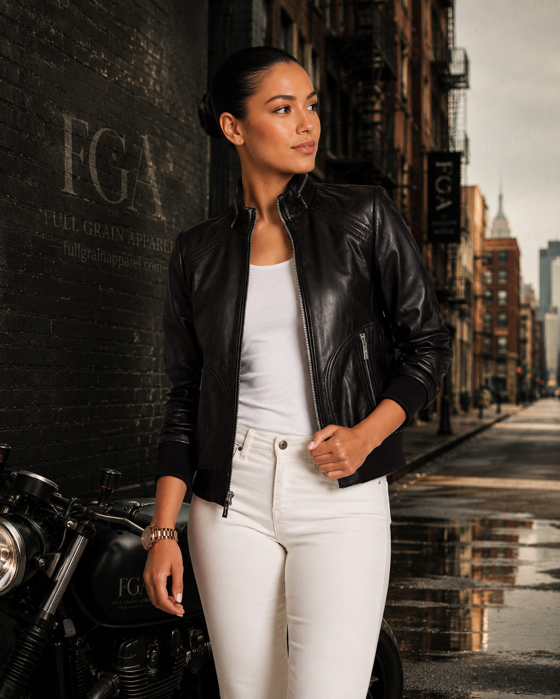 Women's Black Leather Racer Jacket | Cafe Moto | Full Grain Apparel