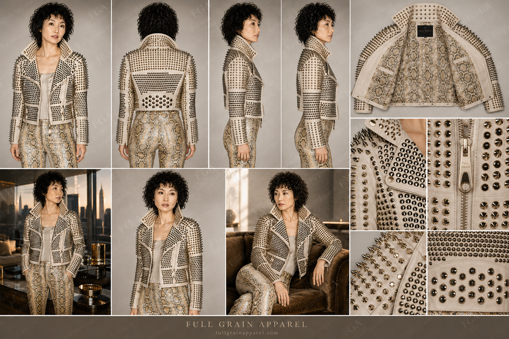 Women's Off-White Studded Leather Jacket | Punk Biker | Full Grain Apparel