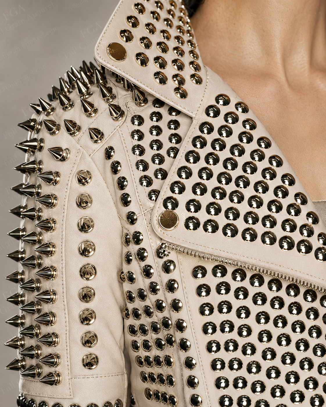 Women's Off-White Studded Leather Jacket | Punk Biker | Full Grain Apparel