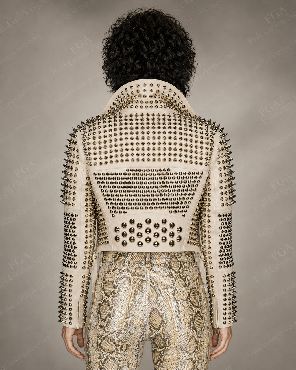 Women's Off-White Studded Leather Jacket | Punk Biker | Full Grain Apparel
