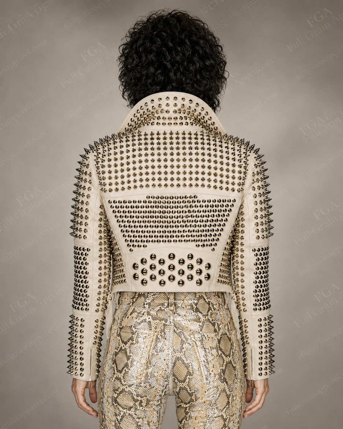 Women's Off-White Studded Leather Jacket | Punk Biker | Full Grain Apparel
