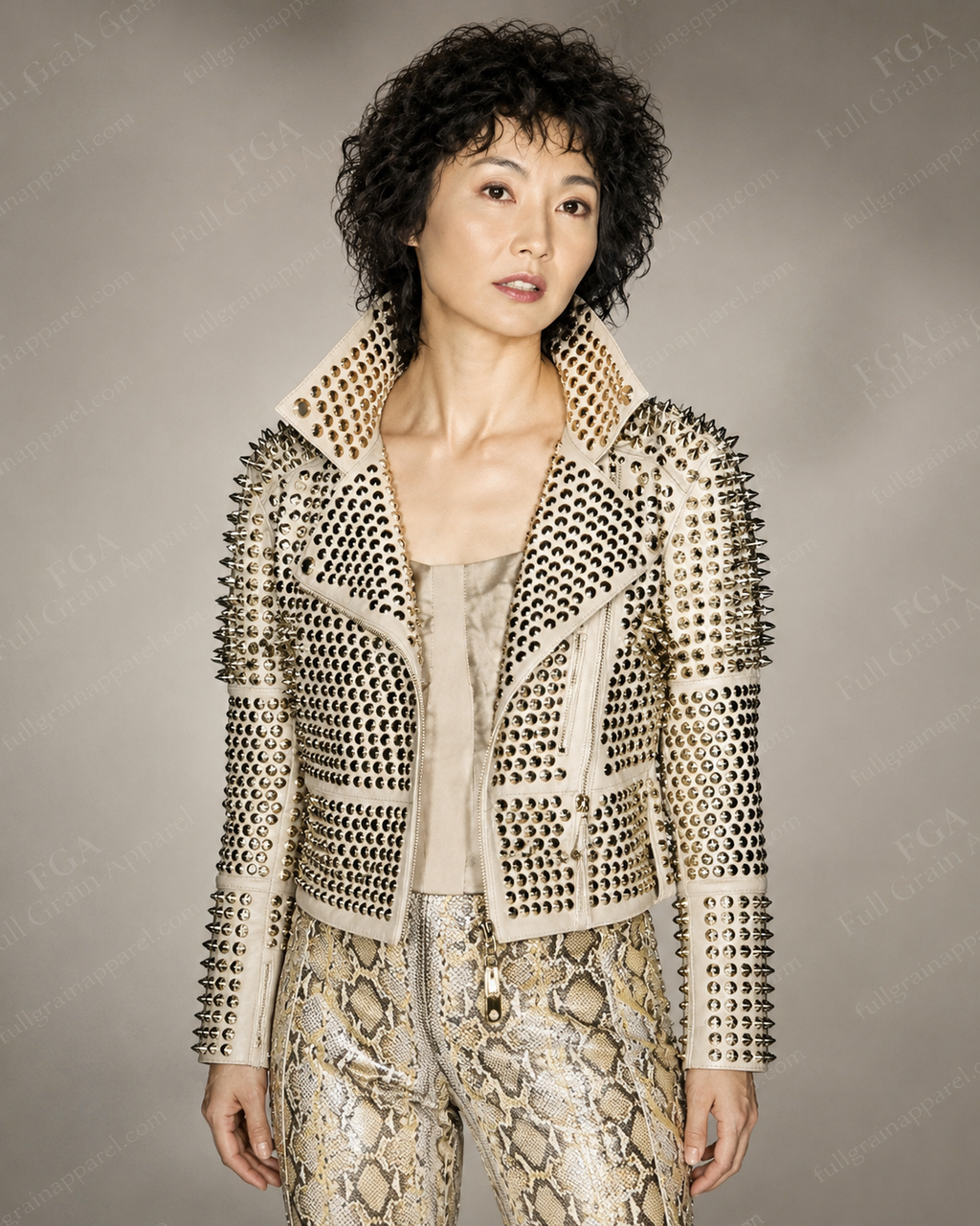 Women's Off-White Studded Leather Jacket | Punk Biker | Full Grain Apparel