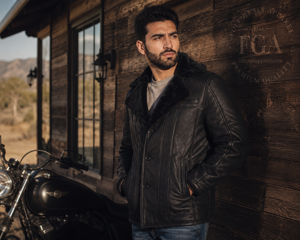 Men's Black Shearling Leather Jacket | Aviator Coat | Full Grain Apparel