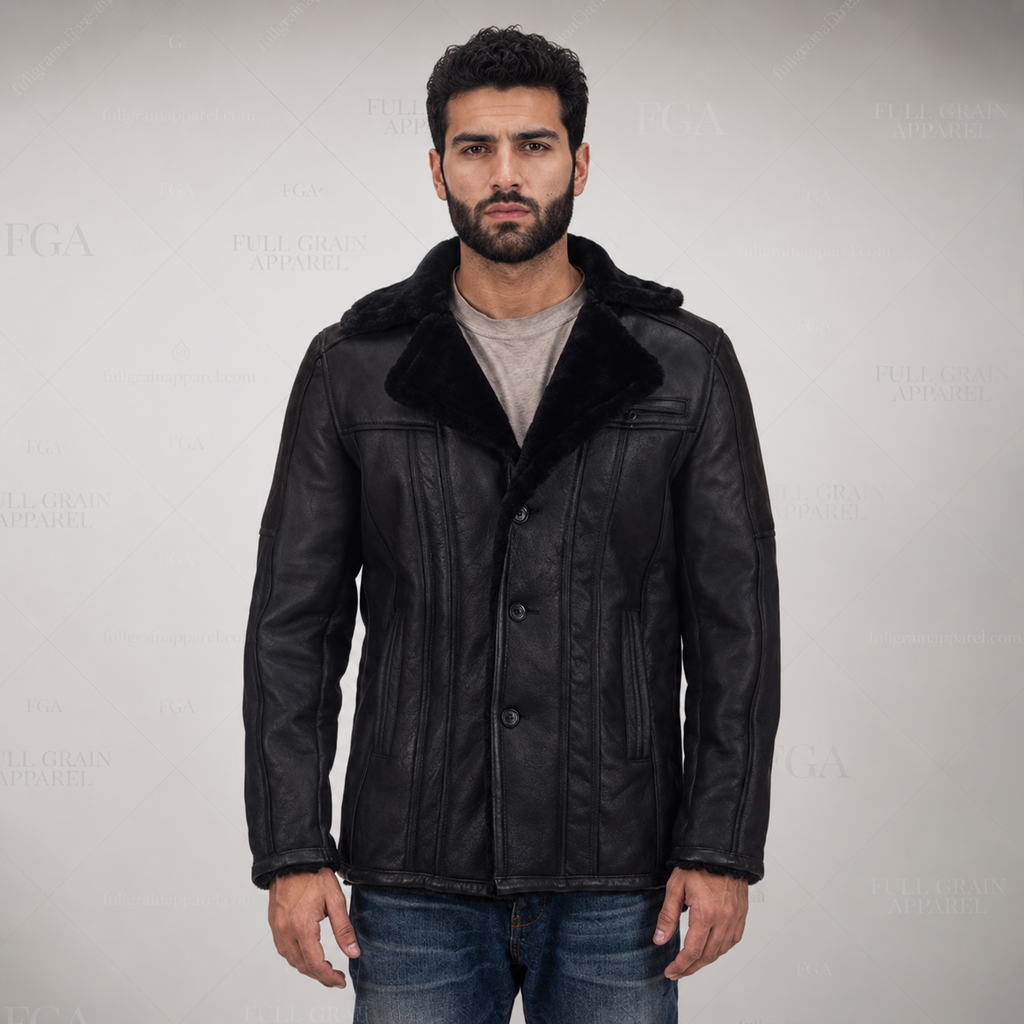 Men's Black Shearling Leather Jacket | Aviator Coat | Full Grain Apparel