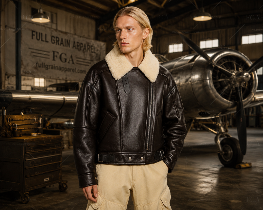 Men's Dark Brown Aviator Leather Jacket | Shearling Bomber | Full Grain Apparel