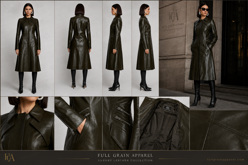 Women's Olive Green Leather Trench Coat | Long Luxury Blazer | Full Grain Apparel