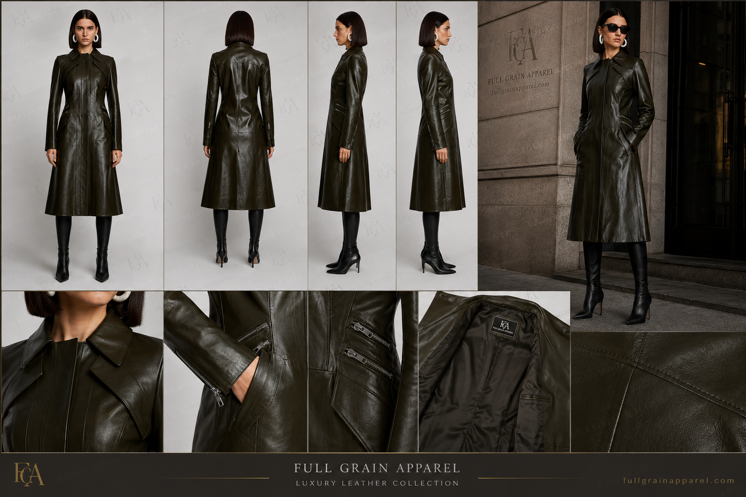 Women's Olive Green Leather Trench Coat | Long Luxury Blazer | Full Grain Apparel