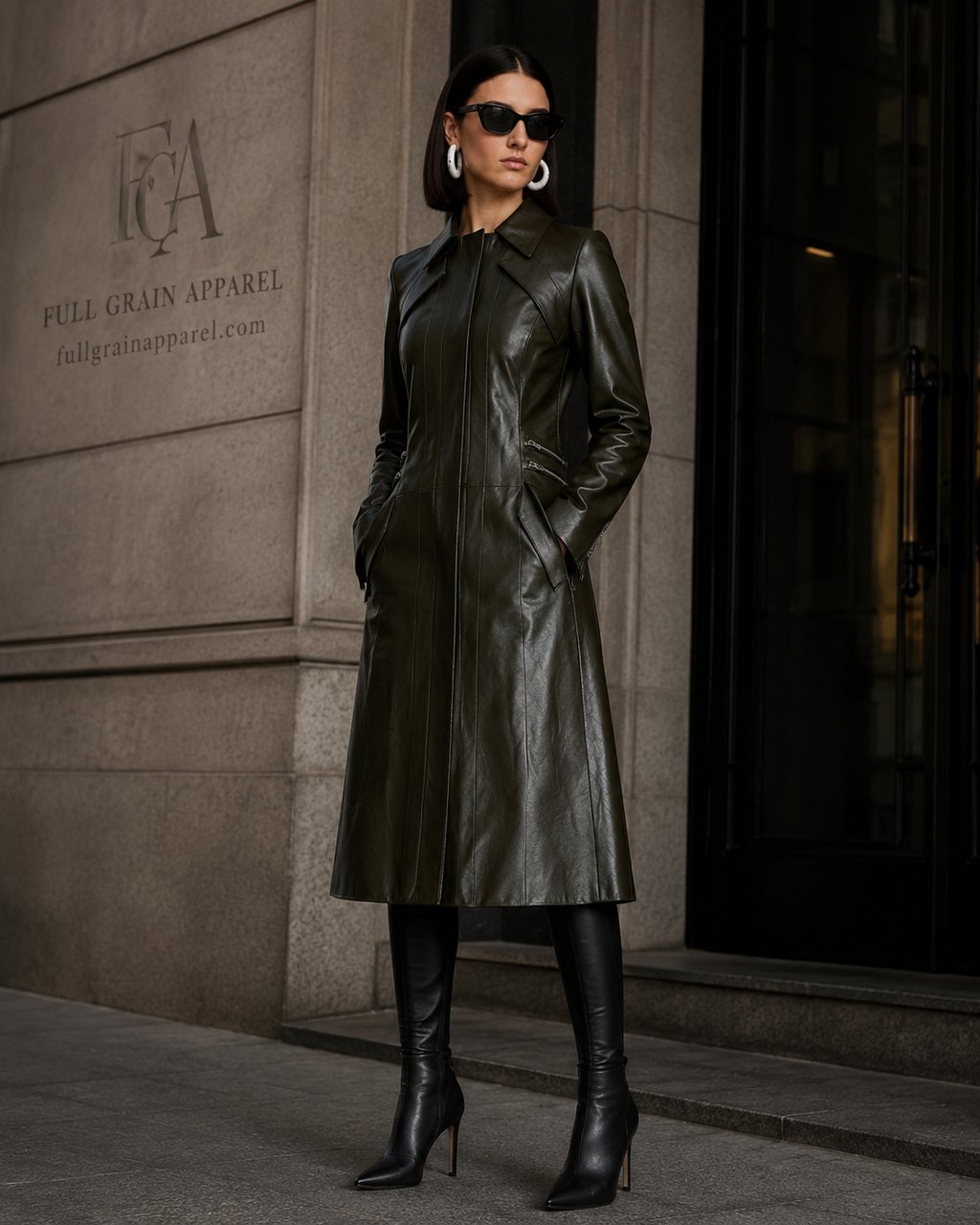 Women's Olive Green Leather Trench Coat | Long Luxury Blazer | Full Grain Apparel