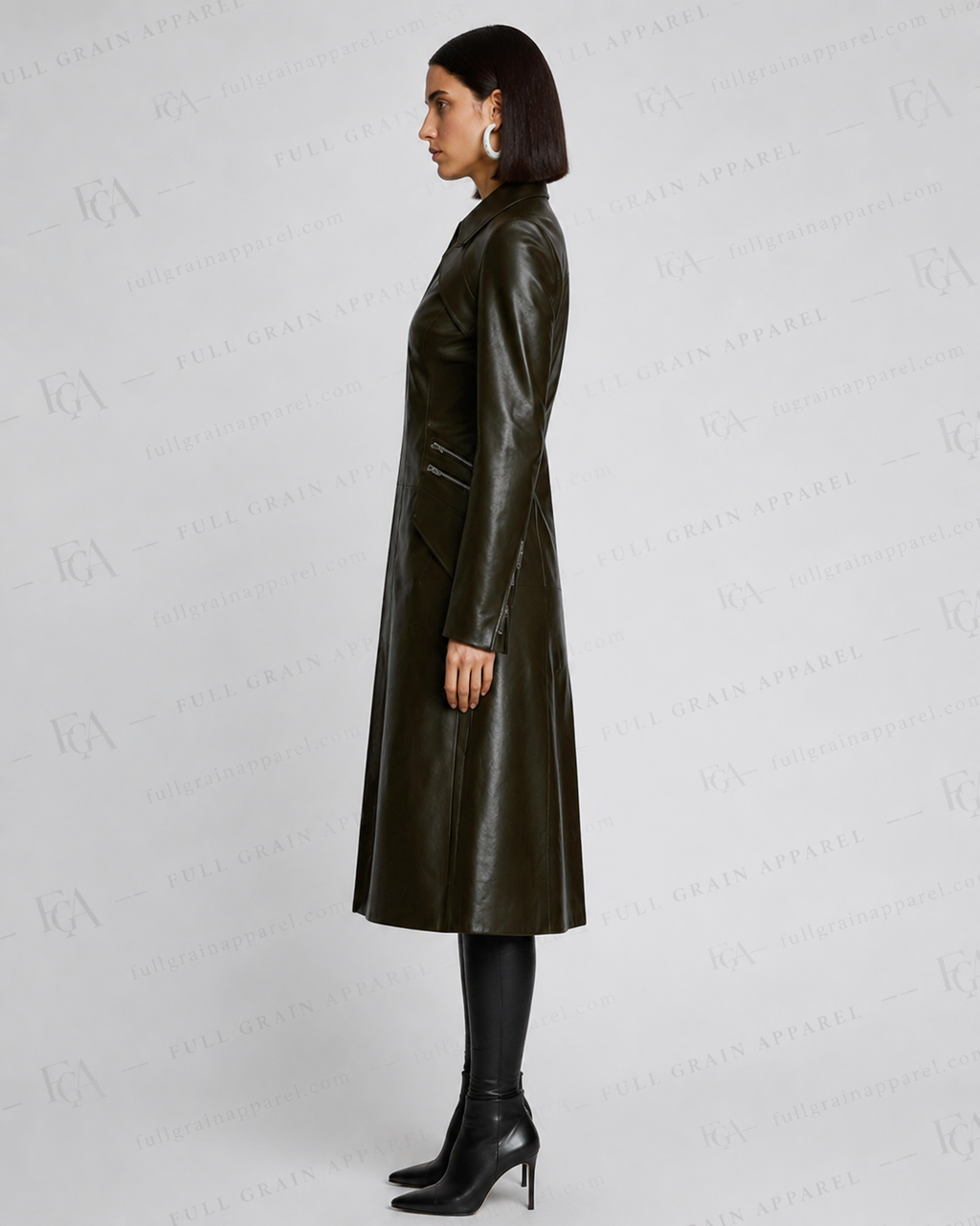 Women's Olive Green Leather Trench Coat | Long Luxury Blazer | Full Grain Apparel