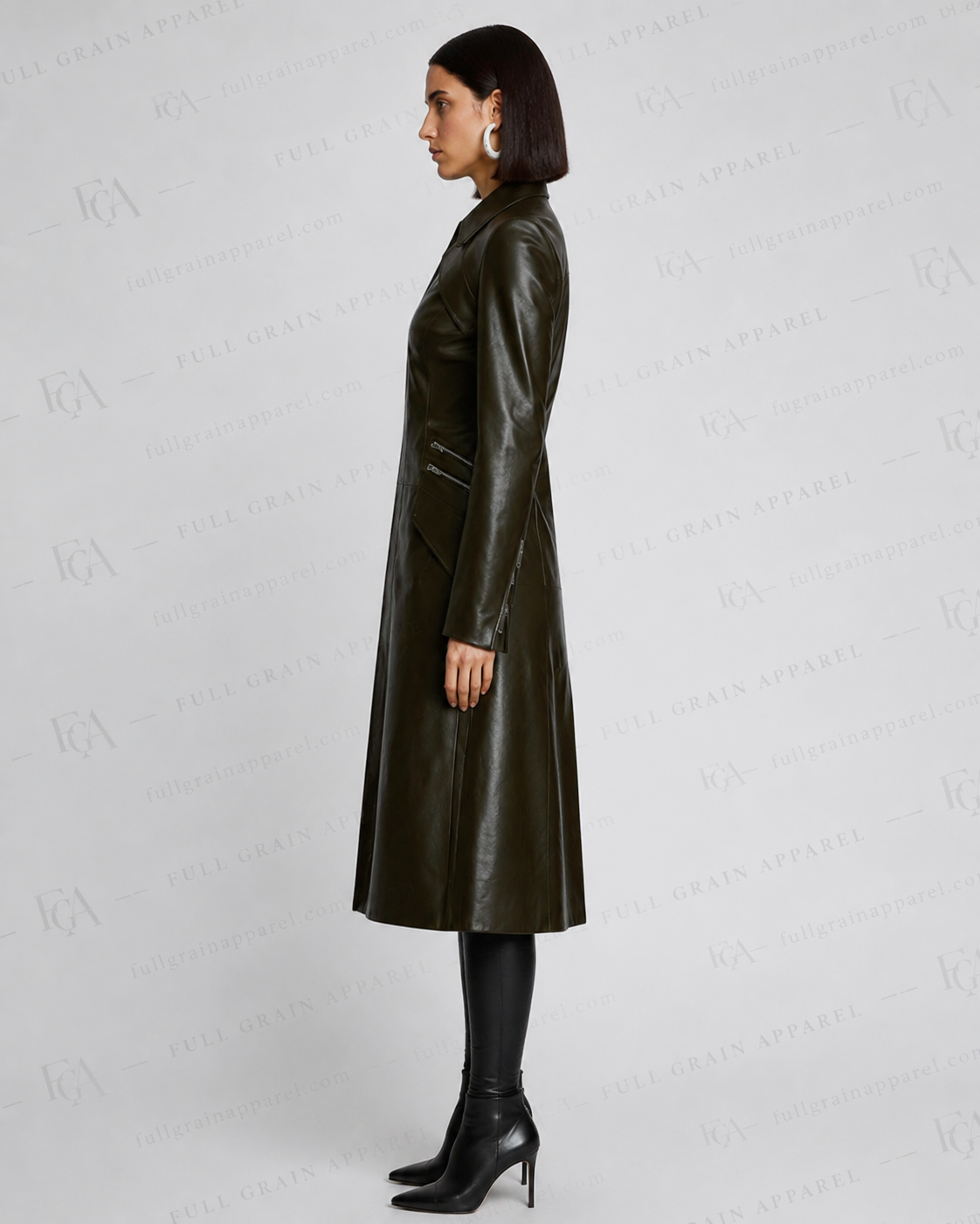Women's Olive Green Leather Trench Coat | Long Luxury Blazer | Full Grain Apparel