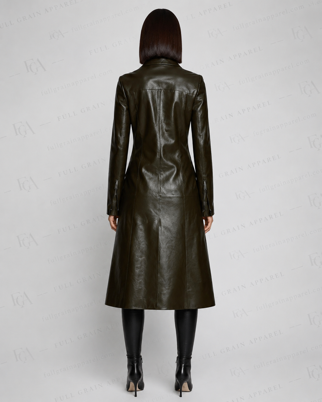 Women's Olive Green Leather Trench Coat | Long Luxury Blazer | Full Grain Apparel