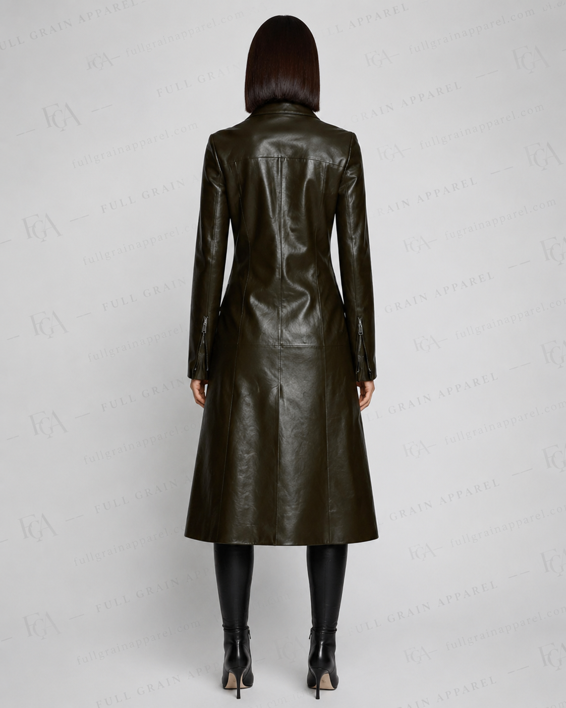 Women's Olive Green Leather Trench Coat | Long Luxury Blazer | Full Grain Apparel