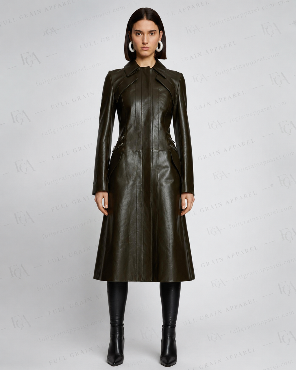 Women's Olive Green Leather Trench Coat | Long Luxury Blazer | Full Grain Apparel