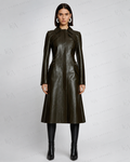 Women's Olive Green Leather Trench Coat | Long Luxury Blazer | Full Grain Apparel