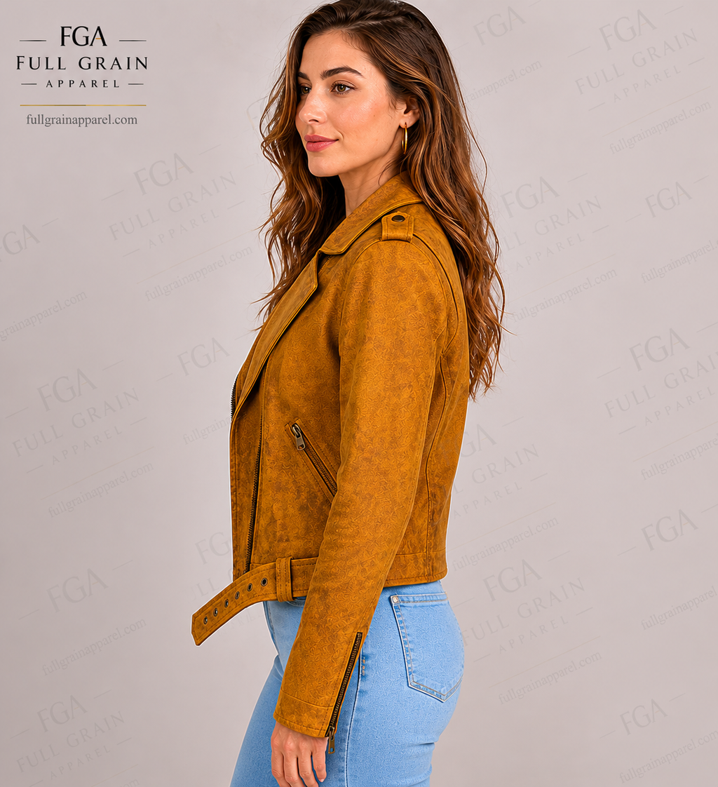 Women's Tan Suede Biker Leather Jacket | Moto Style | Full Grain Apparel