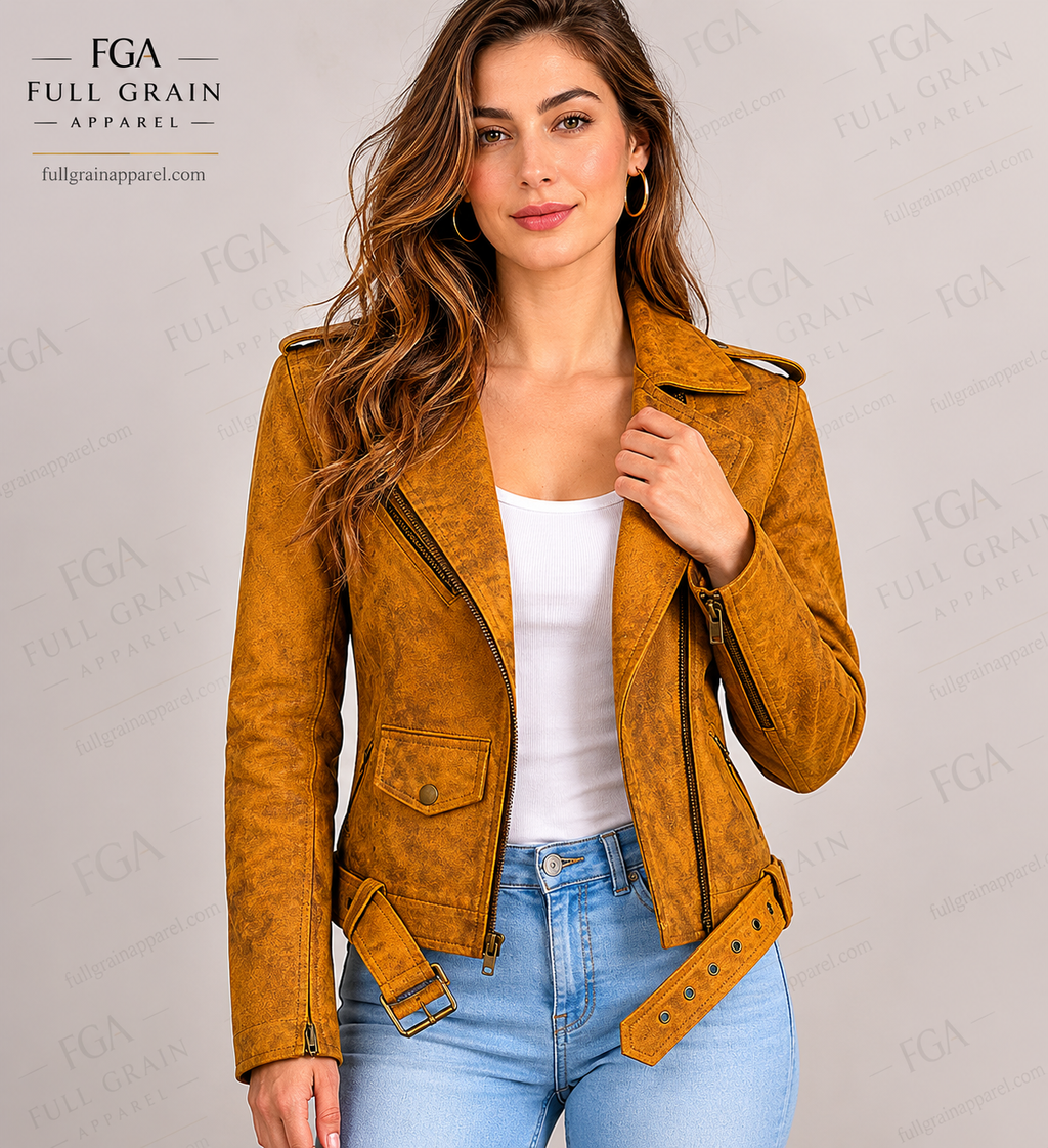 Women's Tan Suede Biker Leather Jacket | Moto Style | Full Grain Apparel