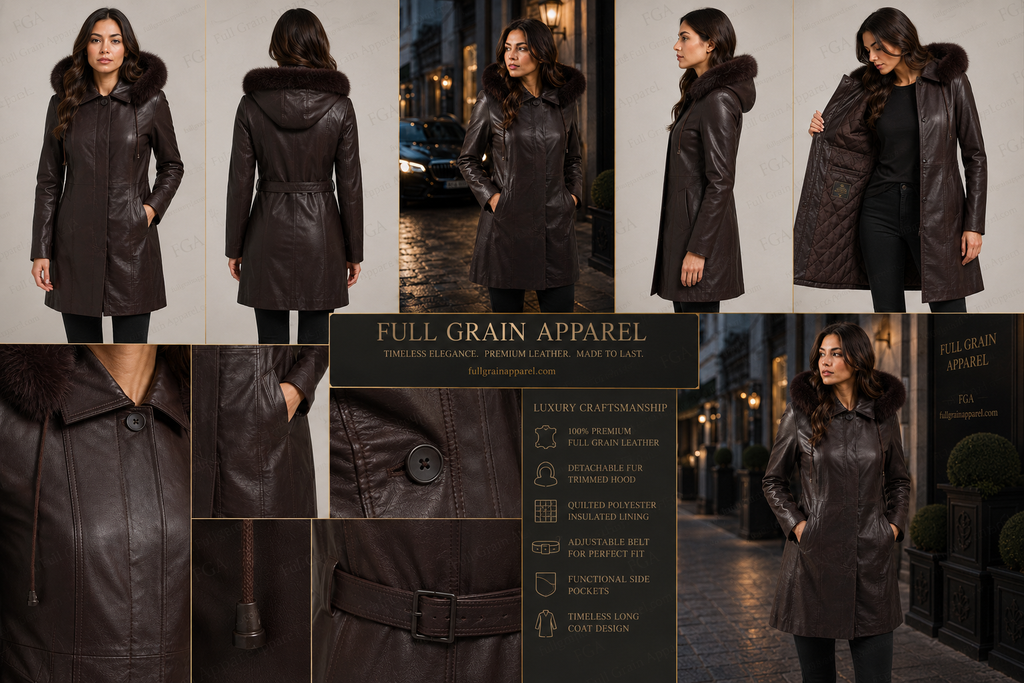 Women's Premium Brown Long Leather Parka Coat | Full Grain Apparel