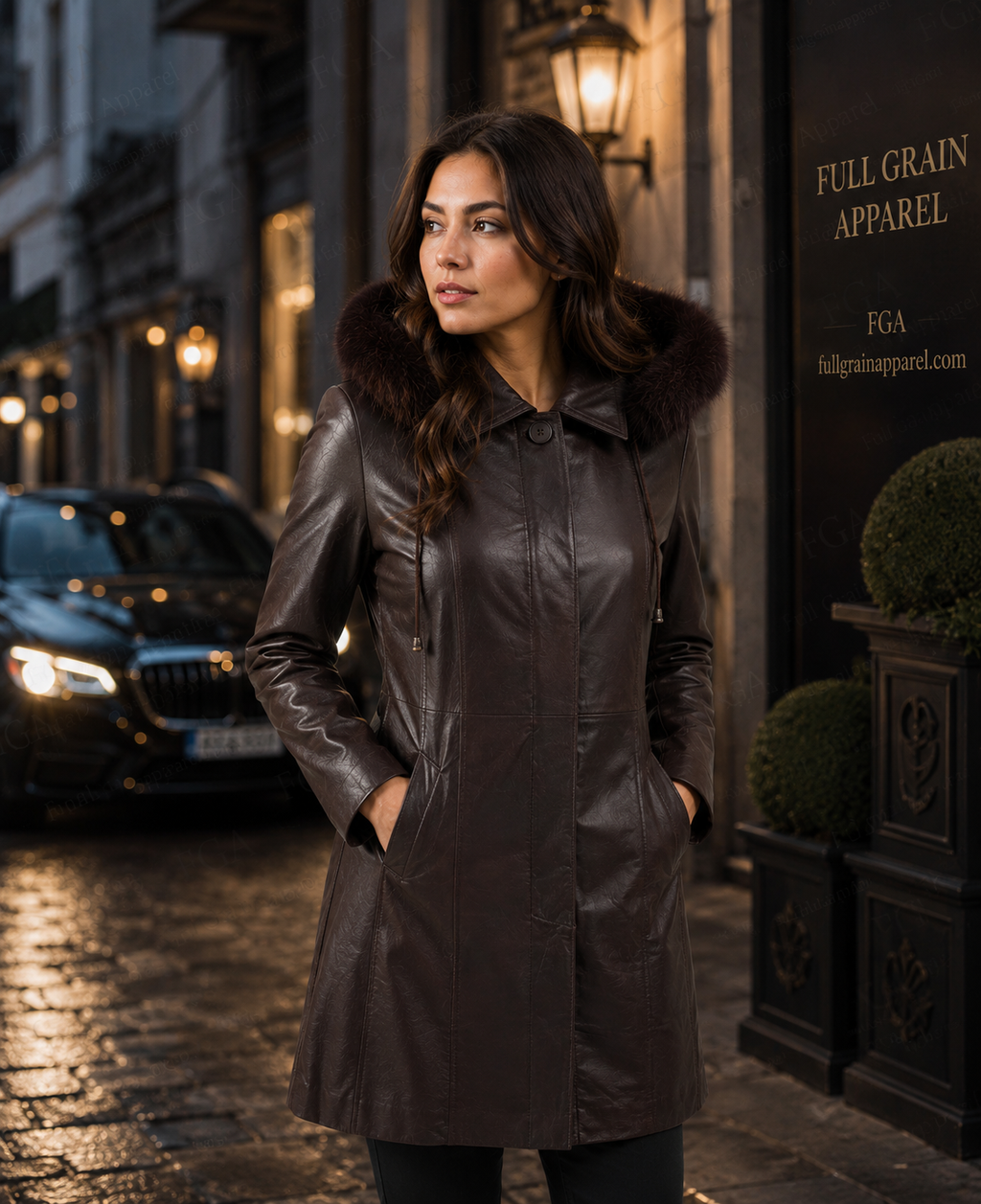Women's Premium Brown Long Leather Parka Coat | Full Grain Apparel