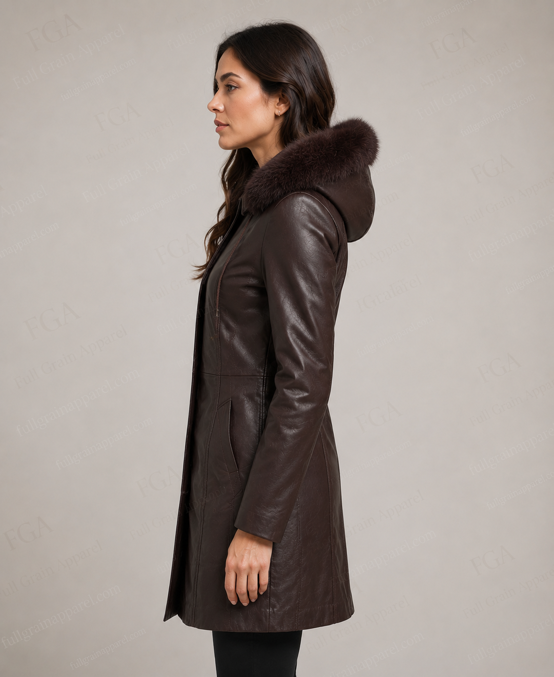 Women's Premium Brown Long Leather Parka Coat | Full Grain Apparel