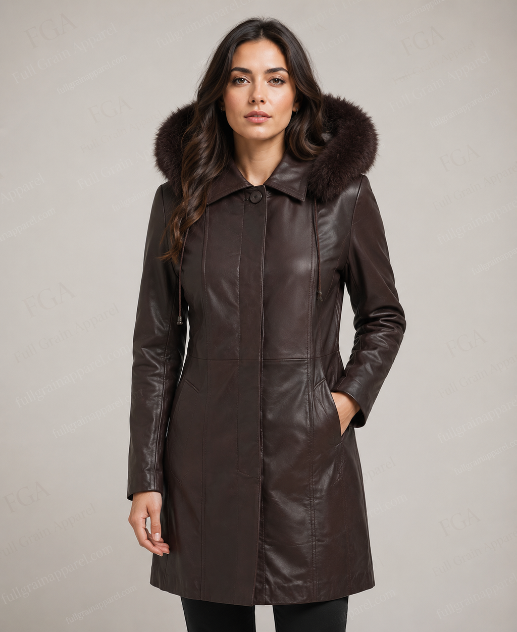 Women's Premium Brown Long Leather Parka Coat | Full Grain Apparel
