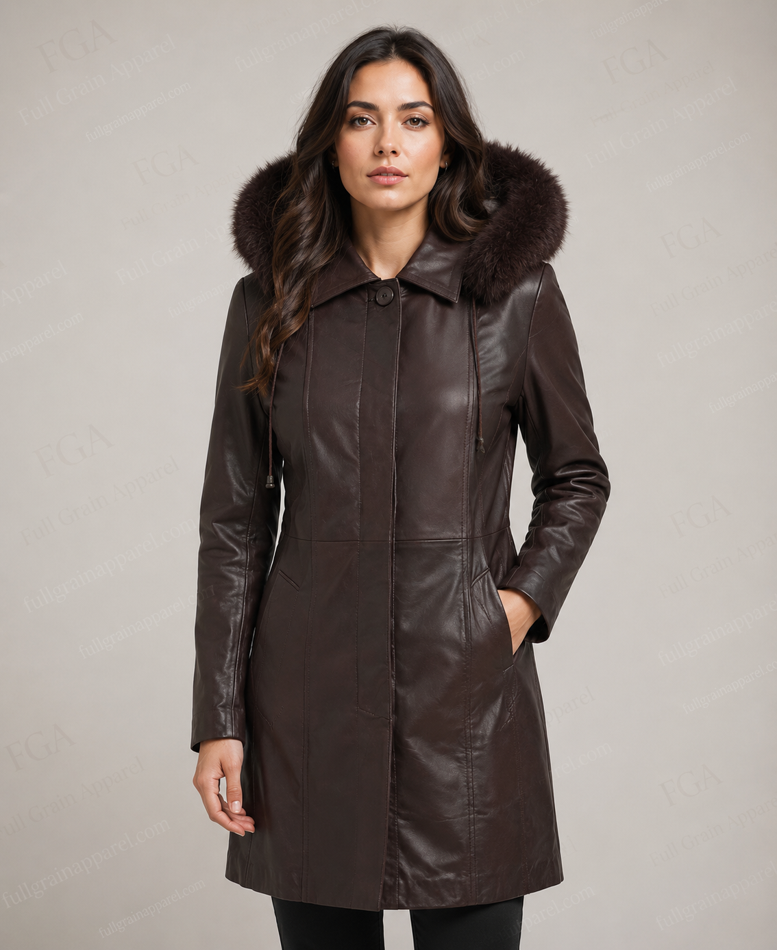 Women's Premium Brown Long Leather Parka Coat | Full Grain Apparel