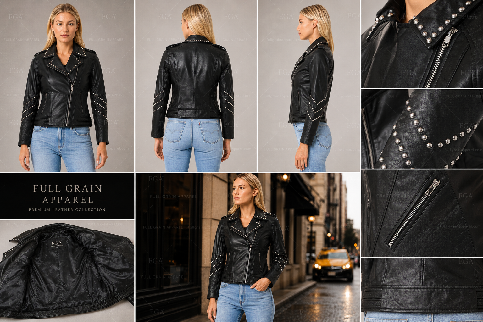 Women's Premium Black Studded Moto Leather Jacket | Full Grain Apparel