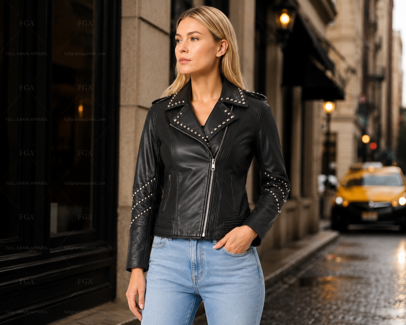 Women's Premium Black Studded Moto Leather Jacket | Full Grain Apparel