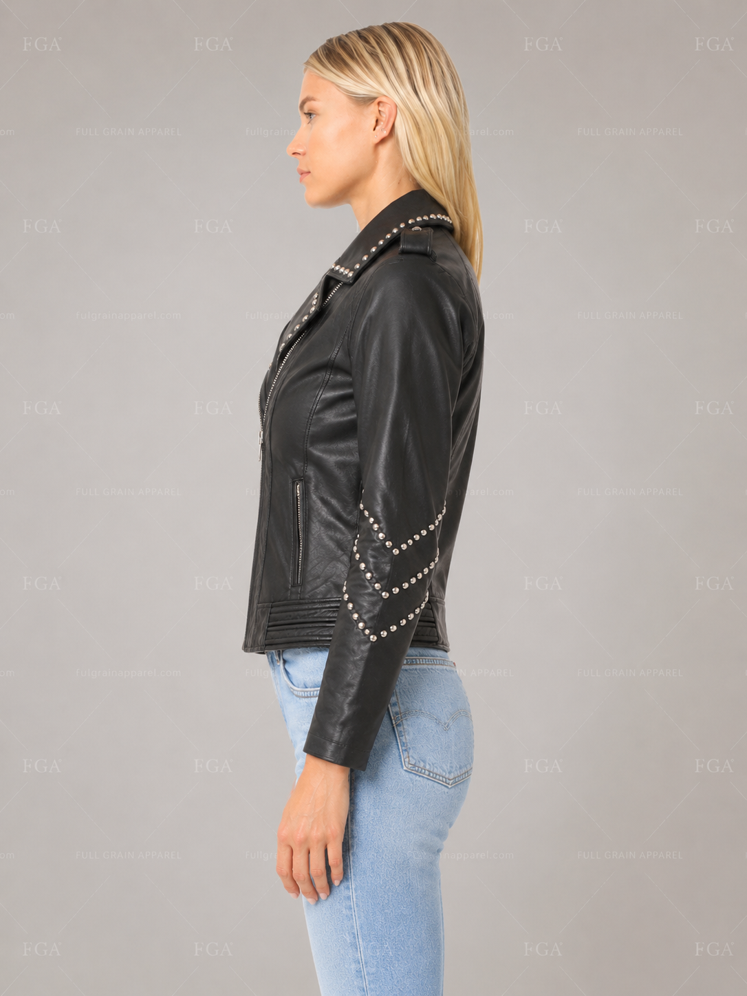 Women's Premium Black Studded Moto Leather Jacket | Full Grain Apparel