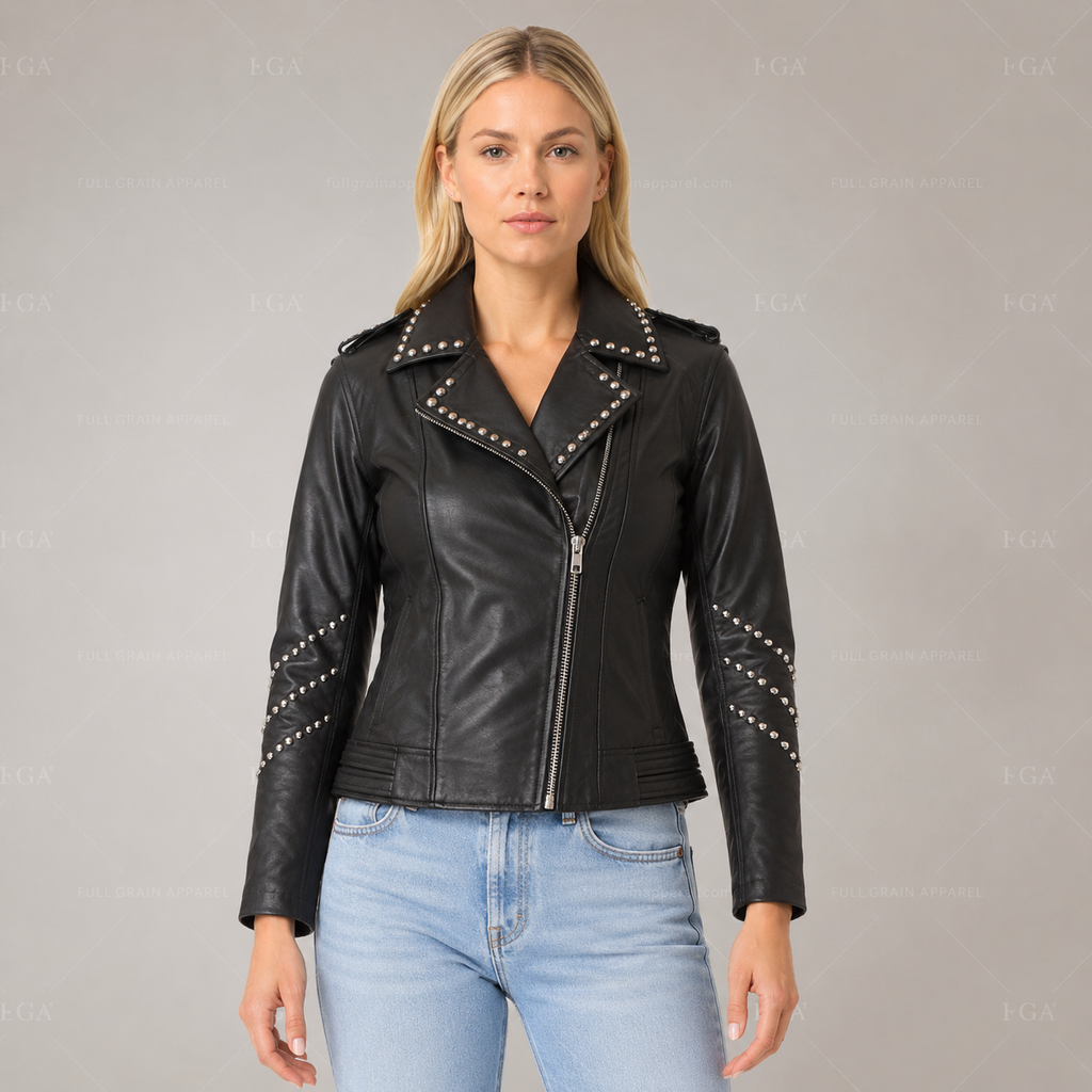 Women's Premium Black Studded Moto Leather Jacket | Full Grain Apparel