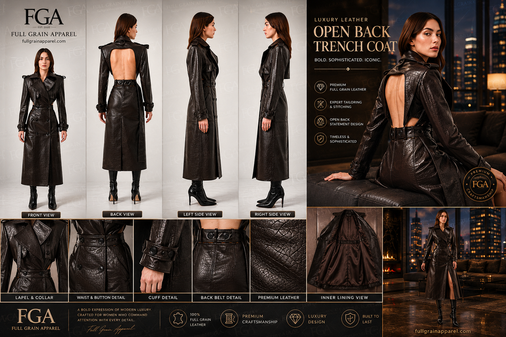 Women's Premium Croc-Embossed Open Back Trench Coat | Full Grain Apparel