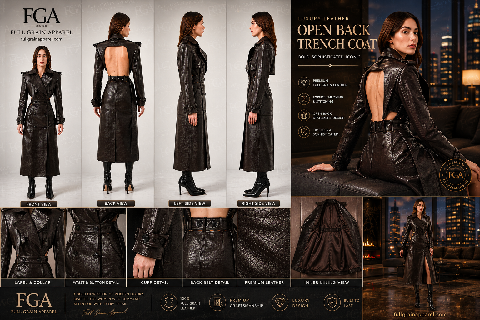 Women's Premium Croc-Embossed Open Back Trench Coat | Full Grain Apparel