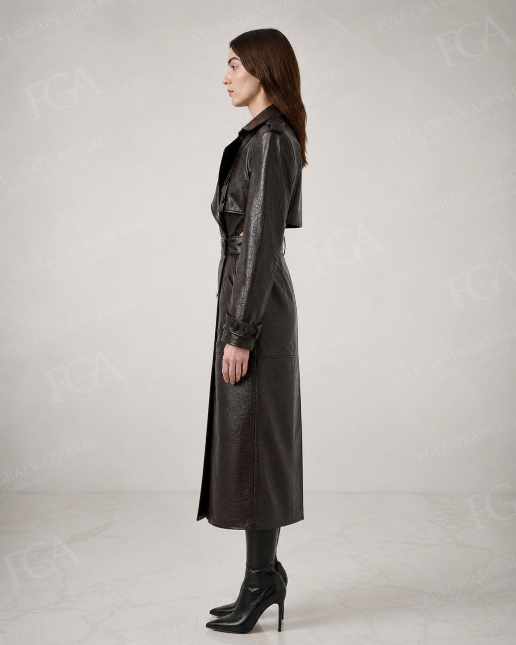 Women's Premium Croc-Embossed Open Back Trench Coat | Full Grain Apparel