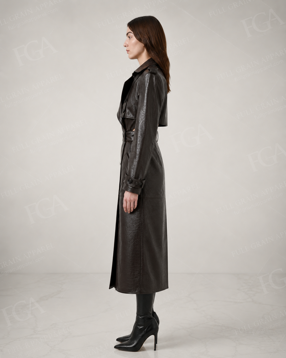 Women's Premium Croc-Embossed Open Back Trench Coat | Full Grain Apparel