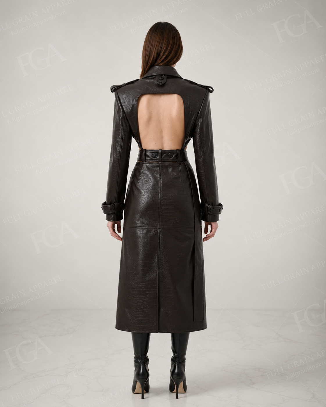 Women's Premium Croc-Embossed Open Back Trench Coat | Full Grain Apparel