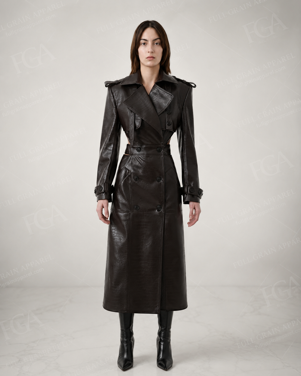 Women's Premium Croc-Embossed Open Back Trench Coat | Full Grain Apparel