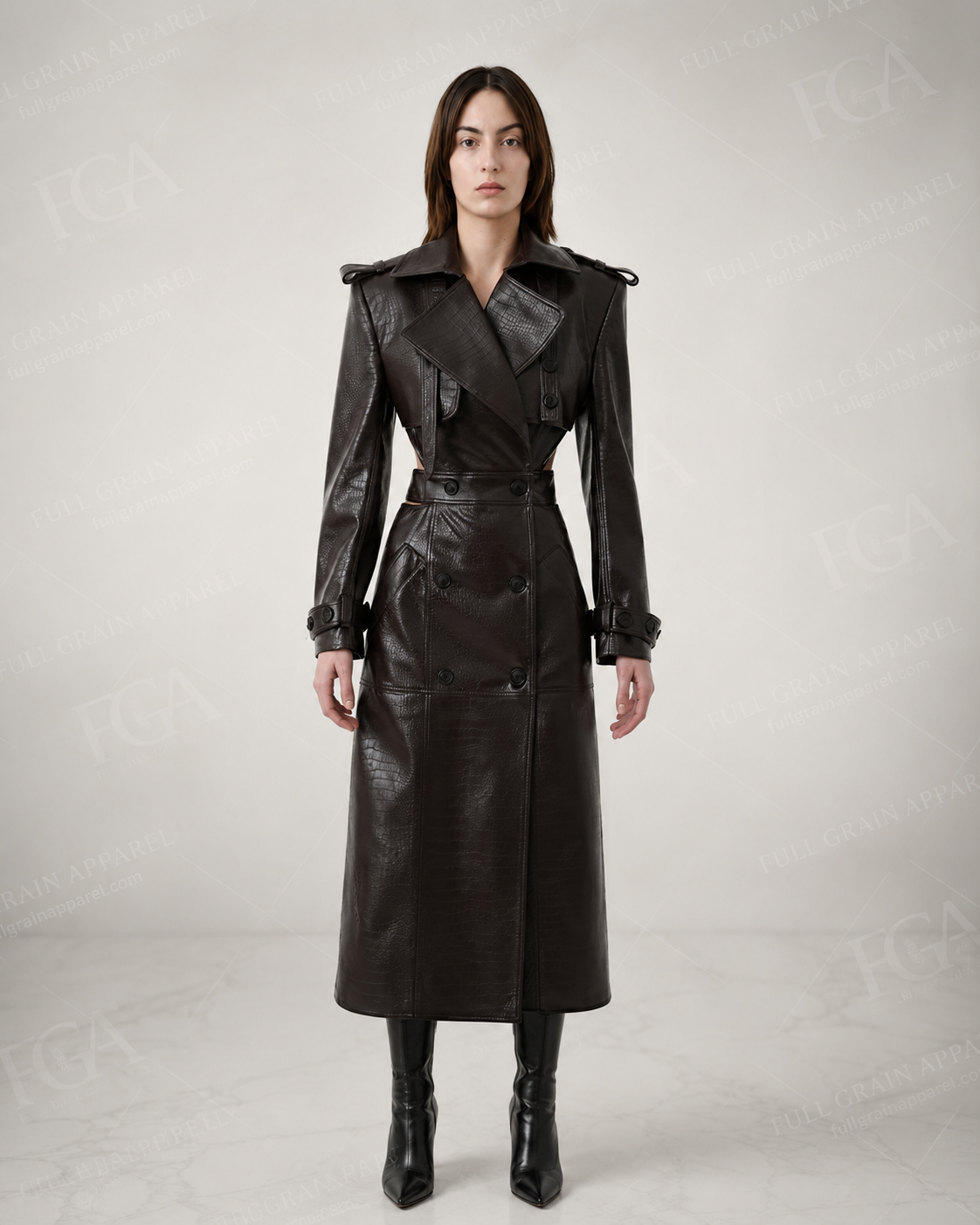 Women's Premium Croc-Embossed Open Back Trench Coat | Full Grain Apparel