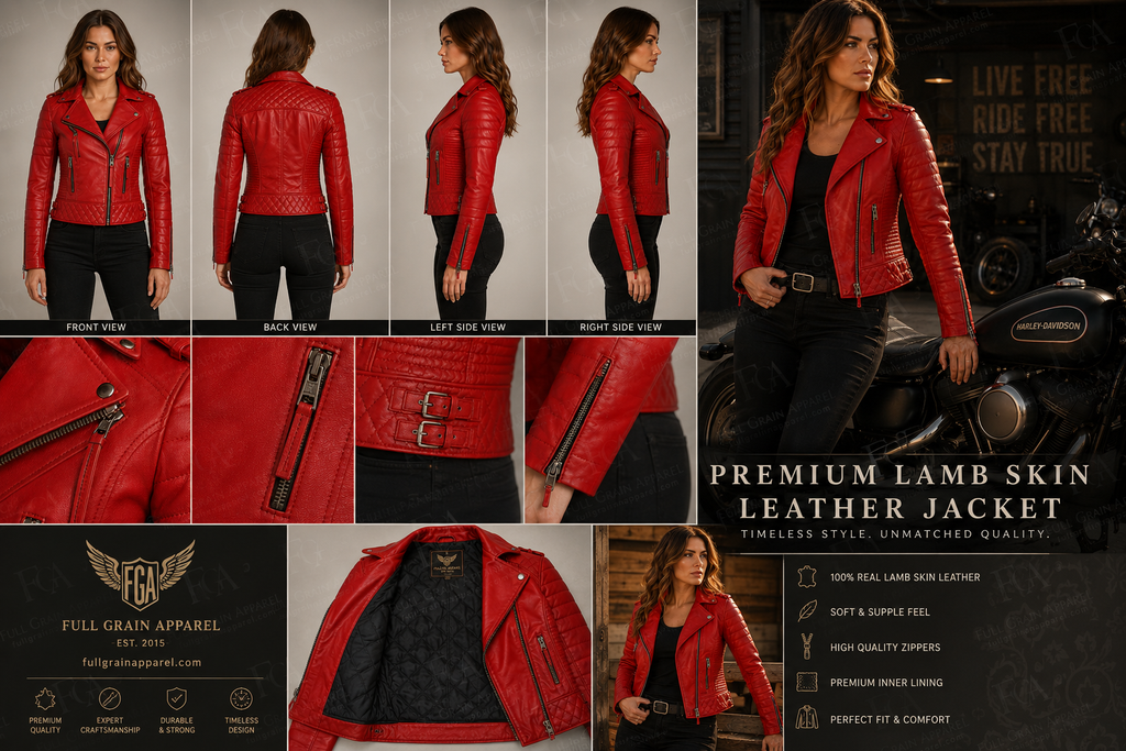 Women's Premium Red Lambskin Moto Biker Jacket | Full Grain Apparel