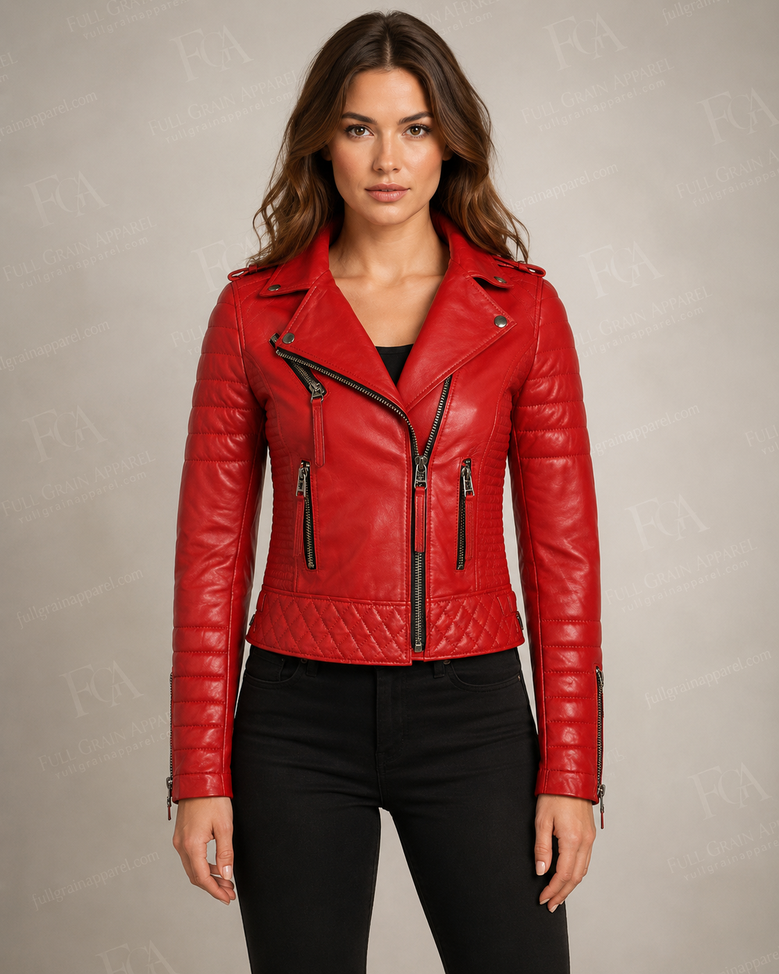 Women's Premium Red Lambskin Moto Biker Jacket | Full Grain Apparel