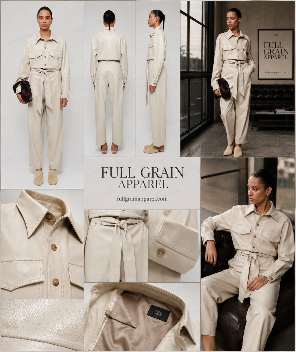 Women's Cream Leather Jumpsuit | Luxury Utility Playsuit | Full Grain Apparel