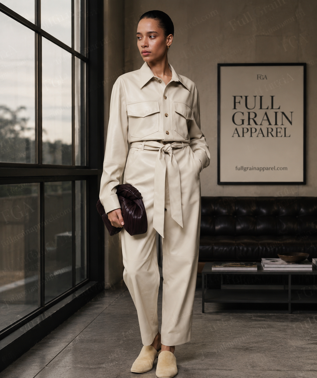 Women's Cream Leather Jumpsuit | Luxury Utility Playsuit | Full Grain Apparel