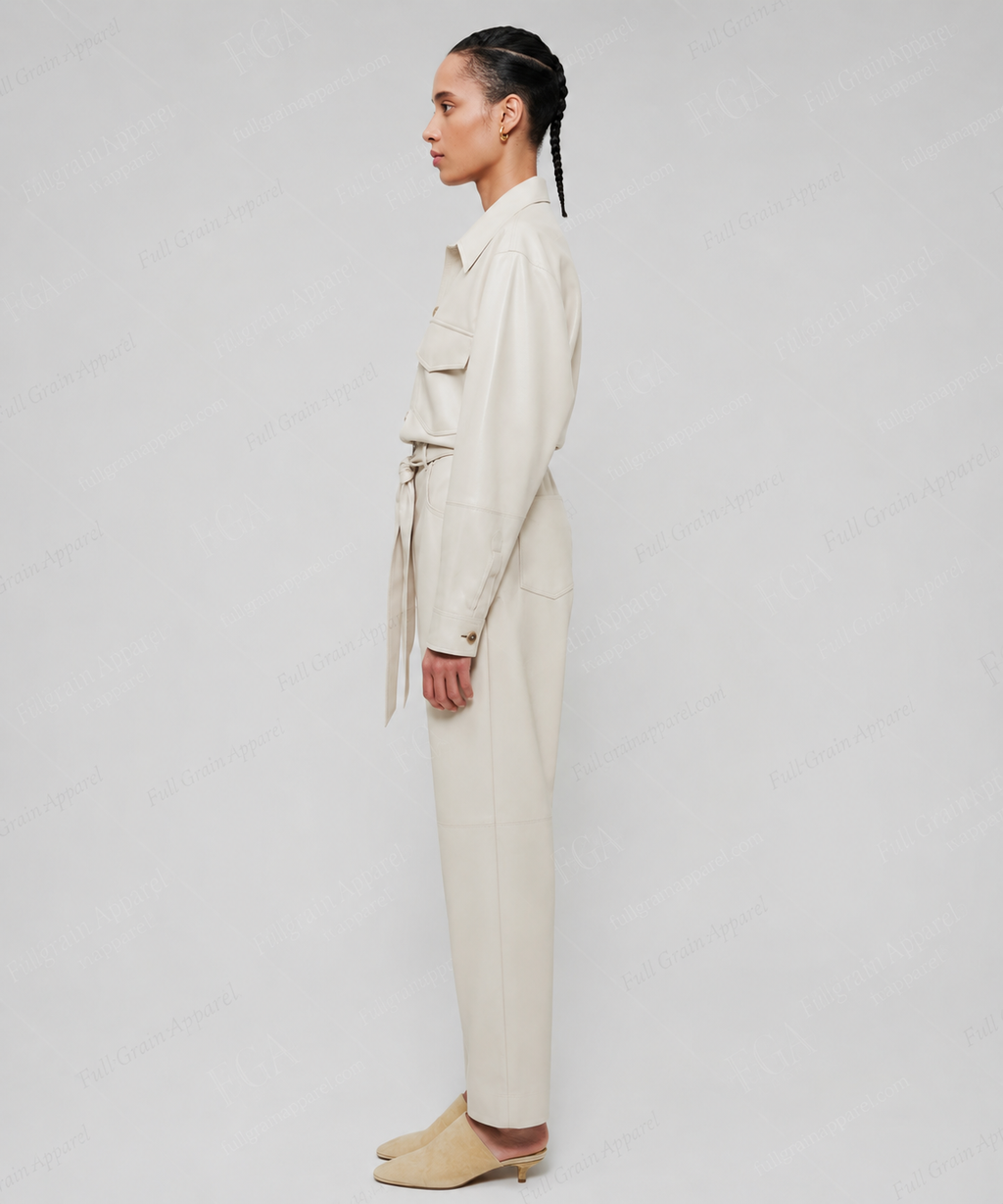 Women's Cream Leather Jumpsuit | Luxury Utility Playsuit | Full Grain Apparel