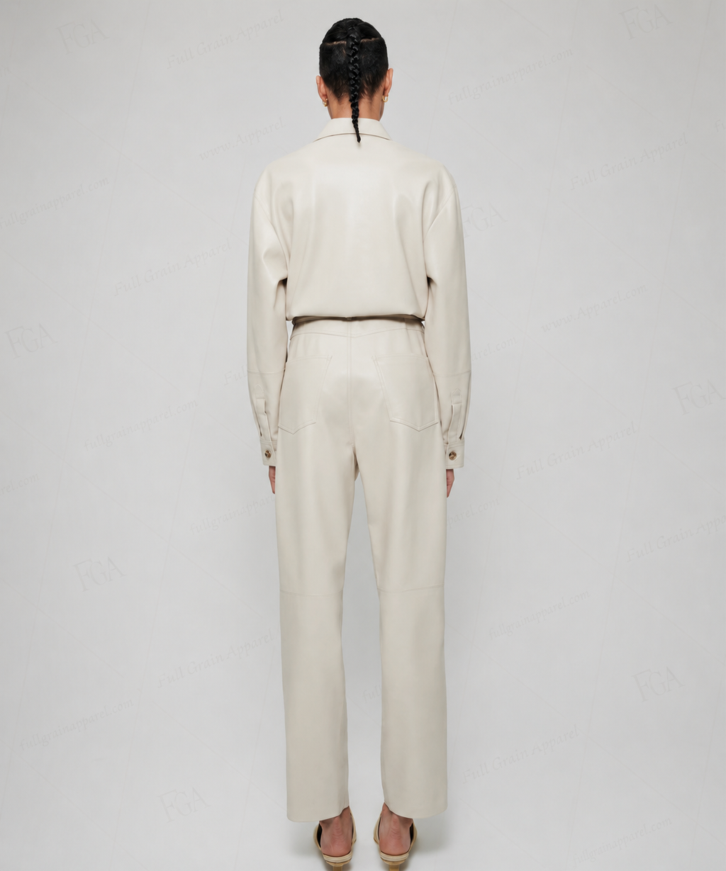 Women's Cream Leather Jumpsuit | Luxury Utility Playsuit | Full Grain Apparel