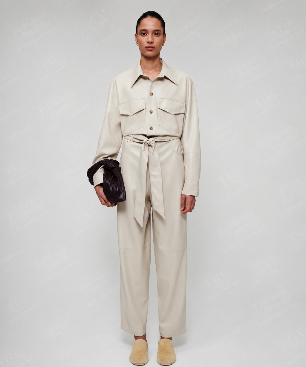 Women's Cream Leather Jumpsuit | Luxury Utility Playsuit | Full Grain Apparel