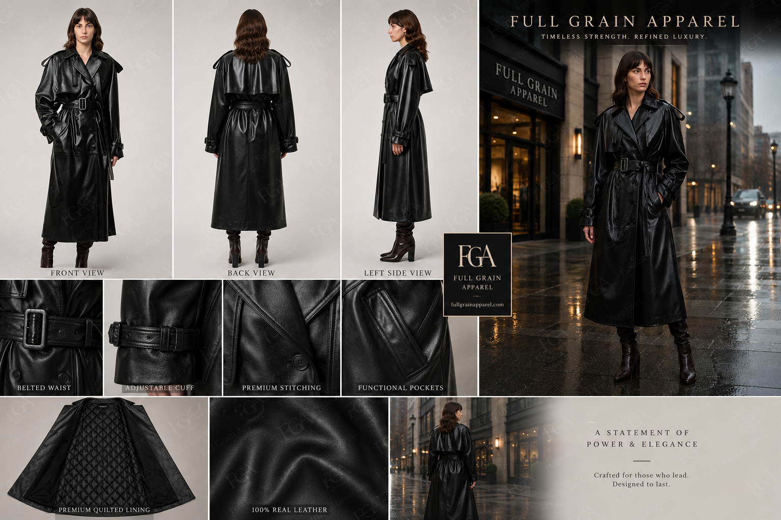 Women's Black Leather Trench Coat | Classic Double Breasted | Full Grain Apparel