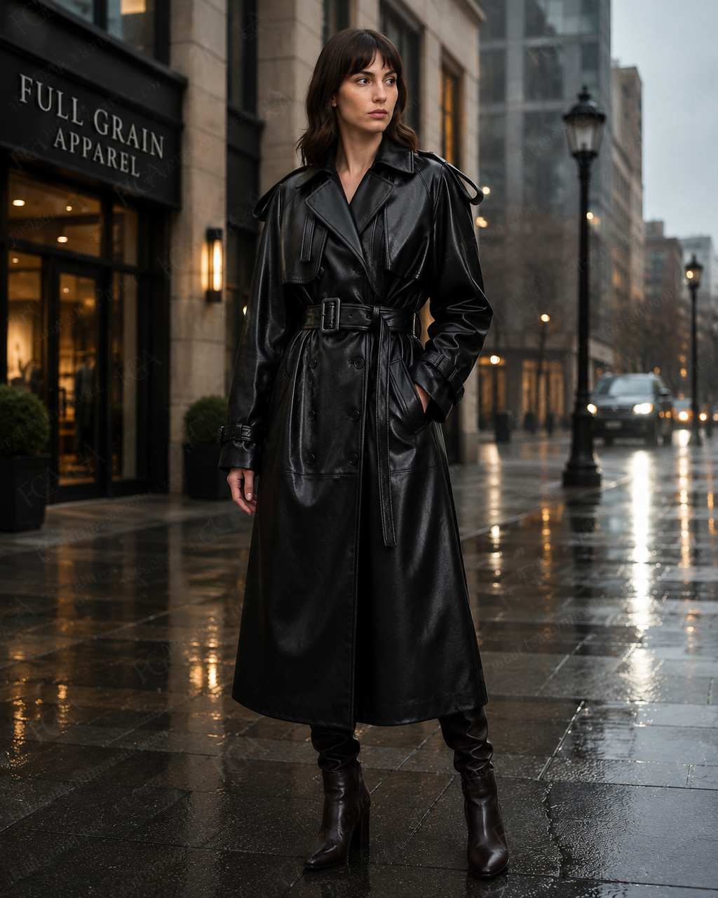 Women's Black Leather Trench Coat | Classic Double Breasted | Full Grain Apparel