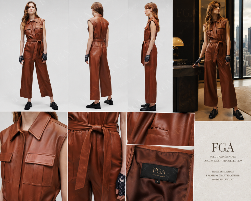 Women's Brown Leather Jumpsuit | Luxury Utility Romper | Full Grain Apparel