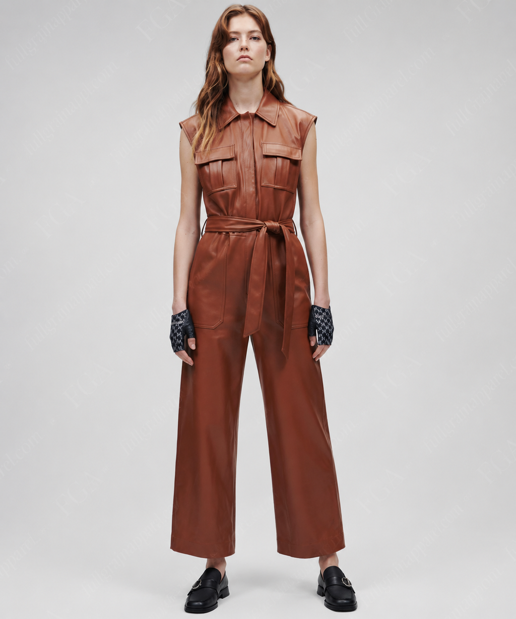 Women's Brown Leather Jumpsuit | Luxury Utility Romper | Full Grain Apparel